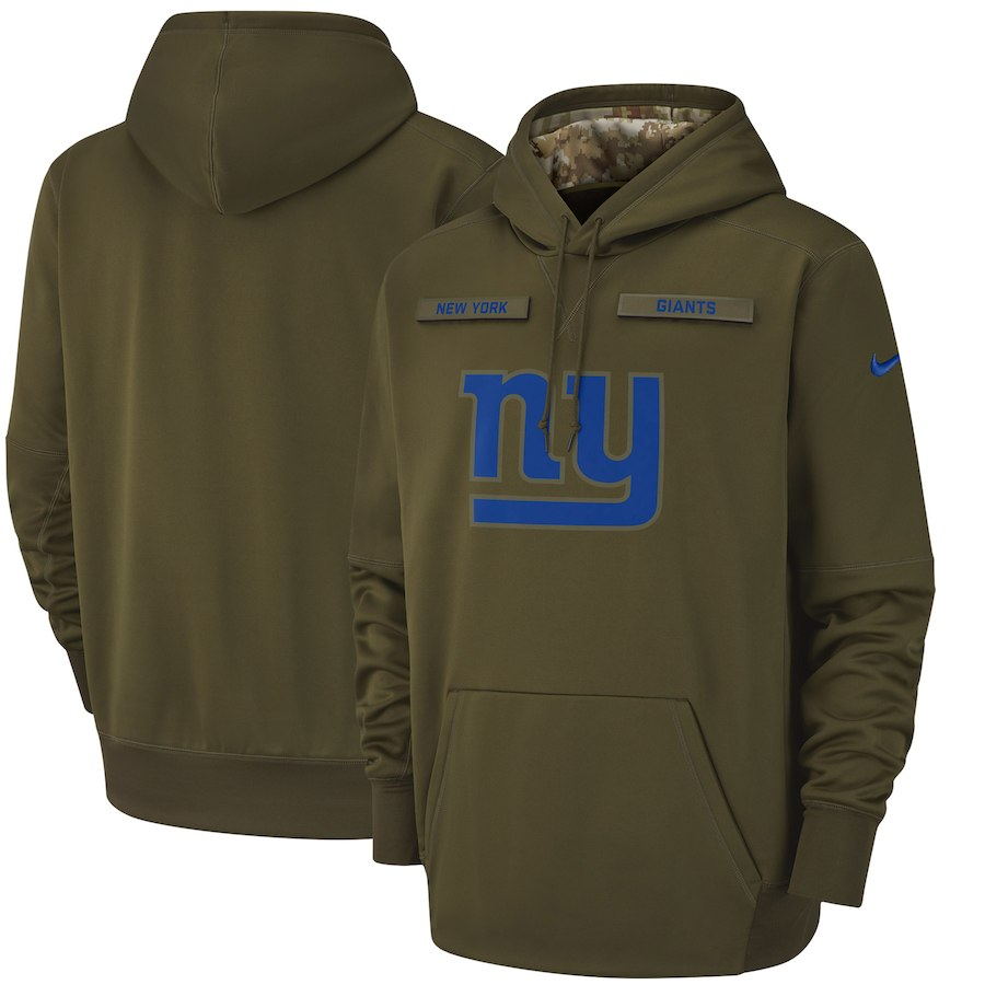 Men's New York Giants Olive Salute to Service Sideline Therma Performance Pullover 2018 NFL Hoodie